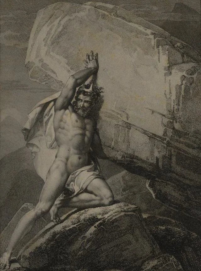 An antique engraving of Sisyphus pushing a boulder uphill.